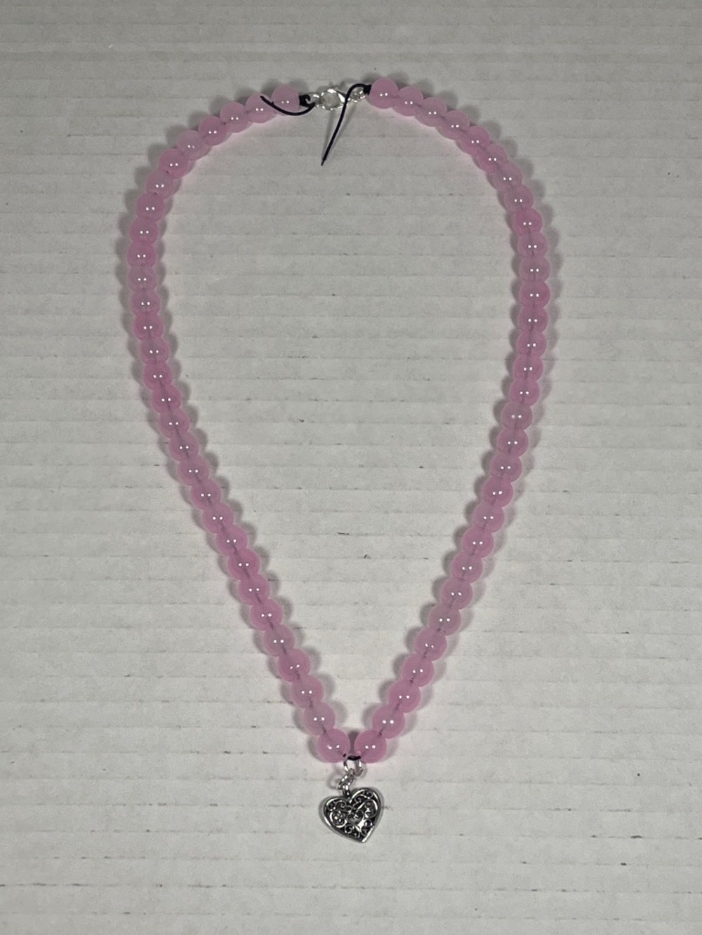 Ornate Silver Heart Light Pink Glass Bead Necklace ~19.25 inches
